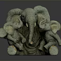 Decorative Elephant Family Sculpture With Adult And Baby Elephants Gray Orange Feet