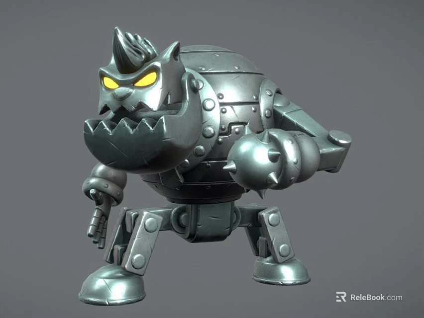Mechanical Game Movie Character With Metallic Spiked Head Yellow Eyes And Spherical Body 3d model 
