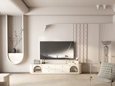 Modern White TV Background Wall With Curved Design Grid Panel And Decorative Ornaments 3d model
