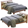 Double Bed With Wooden Frame Gray Bedding Blanket And Headboard Pillows 3d model
