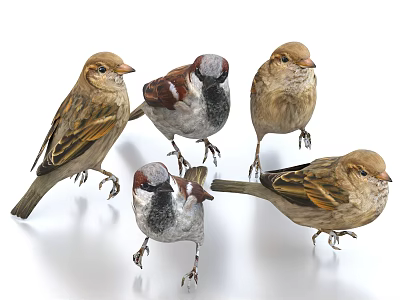 Group Of Sparrows Standing Together On White Background Surface 3d model
