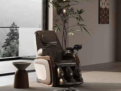 Elegant Modern Brown Beige Leather Recliner Chair With Side Stool Potted Plant Window View 3d model