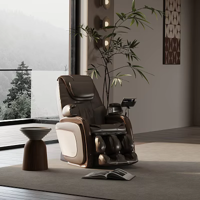 Elegant Modern Brown Beige Leather Recliner Chair With Side Stool Potted Plant Window View 3d model