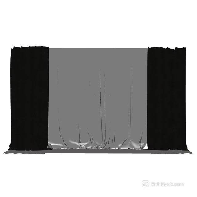 Elegant Gray Window Curtain with Black Side Panels and Pleated Design 3d model 