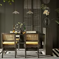 Elegant Restaurant Interior Featuring Dining Table Chairs Yellow Cushions Bookshelf Green Plants And Hanging Lamps