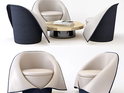 Modern Curved Casual Sofa Set With Beige Navy Blue Fabric And Coffee Table 3d model