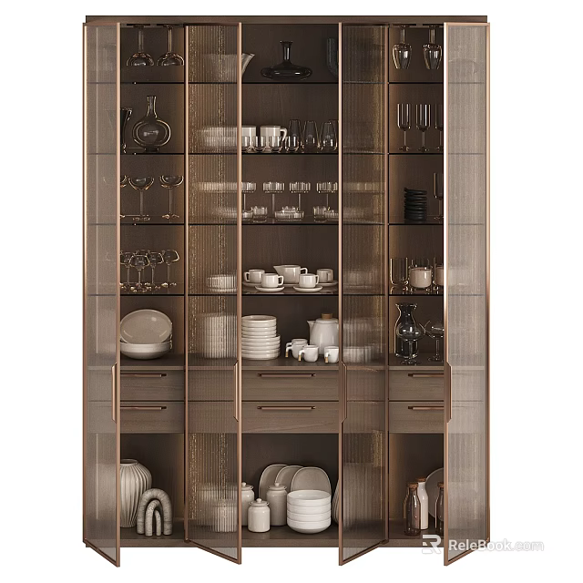 Elegant Sideboard Cabinet Interior With Glass Doors Drawers And Dinnerware 3d model 