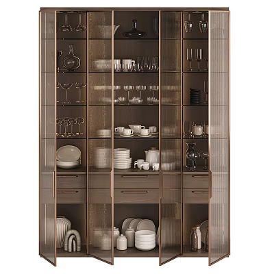 Elegant Sideboard Cabinet Interior With Glass Doors Drawers And Dinnerware 3d model