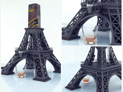 Eiffel Tower Shaped Wine Bottle And Glass Holder With Decorative Design And Liquid 3d model