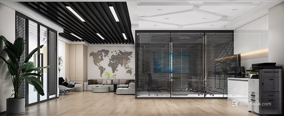 Modern Break Room Interior With World Map Wall Art Sofa And Coffee Table 3d model 