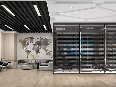 Modern Break Room Interior With World Map Wall Art Sofa And Coffee Table 3d model