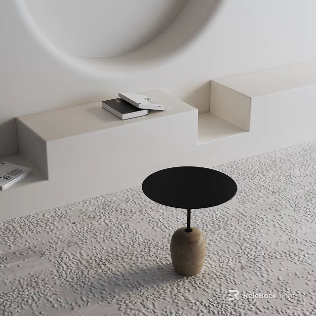 Minimalist Black Round Top Side Table With Beige Ceramic Base In Modern Room 3d model