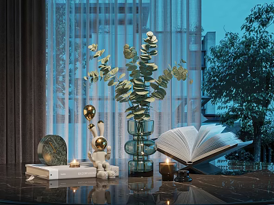 Elegant Decorative Ornament Set With Eucalyptus Vase Golden Sphere Rabbit Figurine Open Book And Candles 3d model