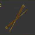 Decorative Wooden Staffs Featuring Carved Design Striped Accents And Metal Rings Crossed