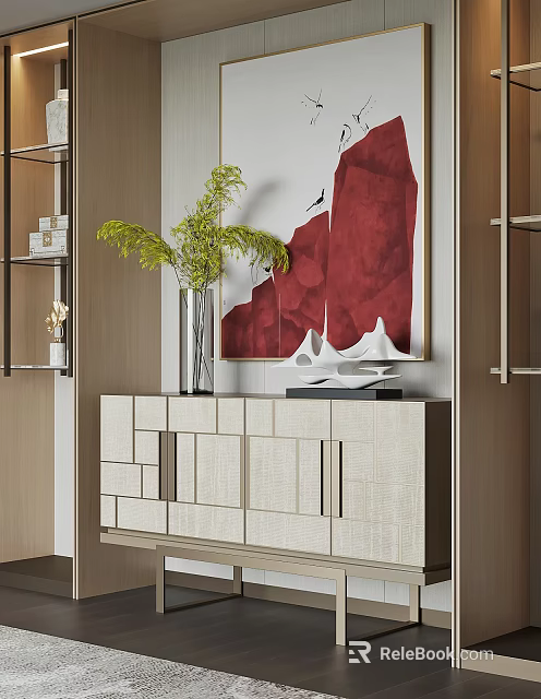 Modern Minimalist Entryway Console Cabinet With Wooden Structure Green Plant And Art Decor 3d model