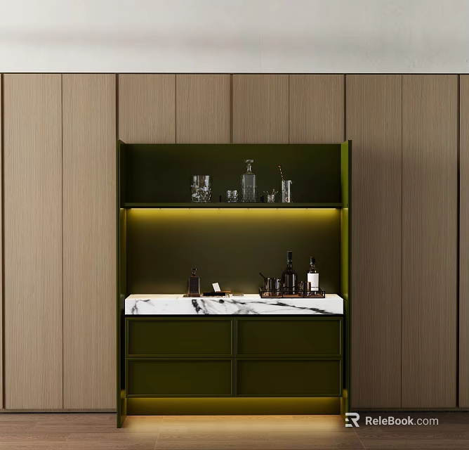 Sleek Green Wine Cabinet Featuring Marble Countertop Glassware Integrated Lighting And Wooden Backdrop 3d model 