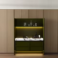 Sleek Green Wine Cabinet Featuring Marble Countertop Glassware Integrated Lighting And Wooden Backdrop