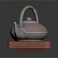 Traditional Patterned Teapot With Wooden Handle And Green Teacups On Red Wooden Tray