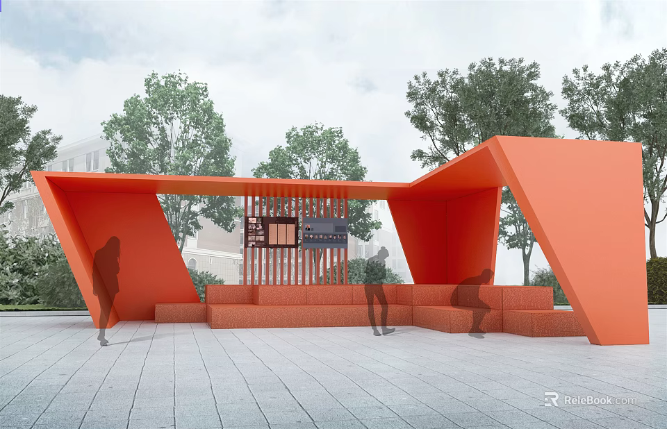 Modern Orange Geometric Outdoor Rest Area With Benches Trees And Paved Ground 3d model 