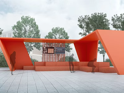Modern Orange Geometric Outdoor Rest Area With Benches Trees And Paved Ground 3d model