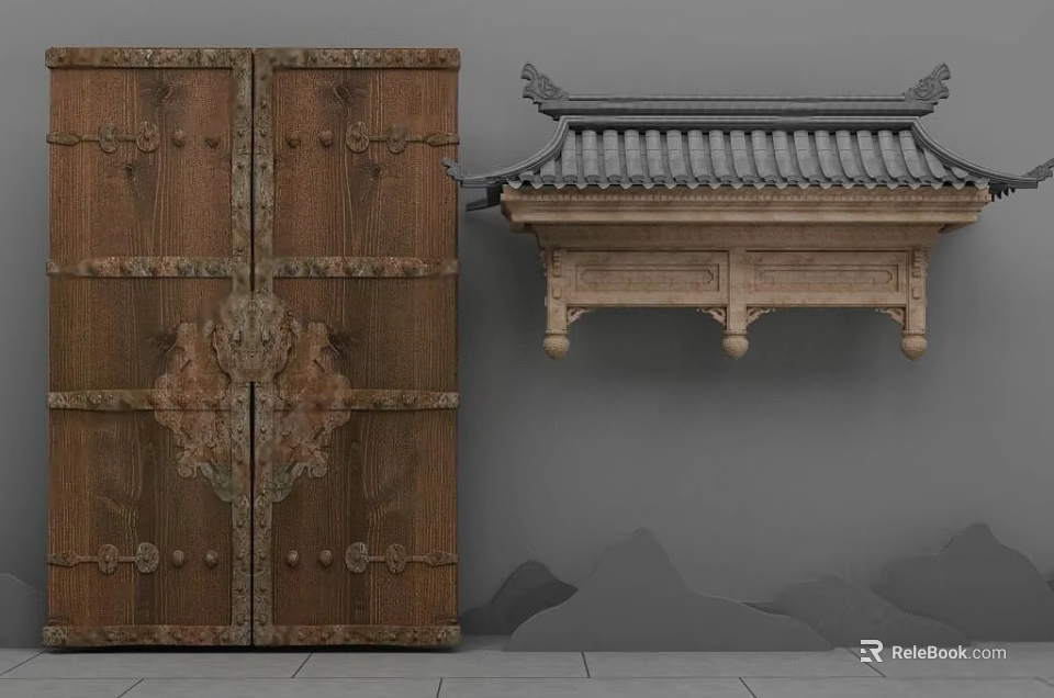 Traditional Wooden Door with Brass Decorations Rivets and Chinese Tiled Roof Structure Against Gray Wall 3d model 