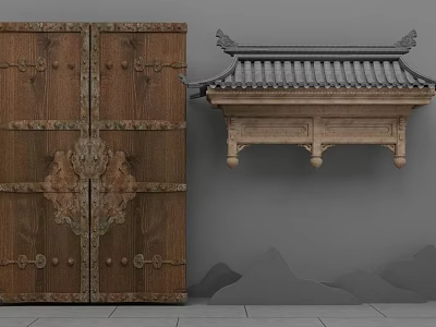 Traditional Wooden Door with Brass Decorations Rivets and Chinese Tiled Roof Structure Against Gray Wall 3d model