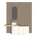 Minimalist Washbasin with Oval Mirror and White Cabinet on Wooden Panel Wall