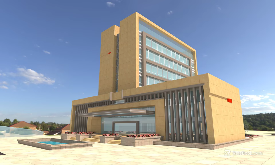 Modern Office Building Exterior With Glass Curtain Wall Yellow Facade And Landscaped Entrance 3d model 