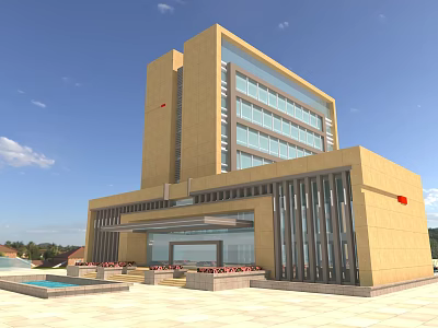 Modern Office Building Exterior With Glass Curtain Wall Yellow Facade And Landscaped Entrance 3d model