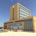 Modern Office Building Exterior With Glass Curtain Wall Yellow Facade And Landscaped Entrance