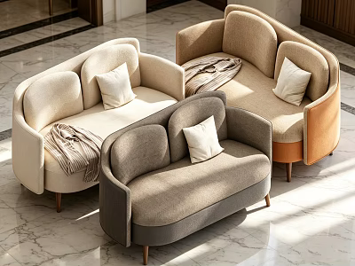 Modern Curved Sofa Set In Beige Grey Brown Tones With Decorative Pillows And Blankets 3d model
