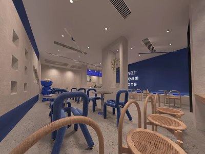 Minimalist Sweet Shop Interior With Blue And Beige Rattan Chairs And Tables 3d model