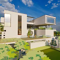 Modern Single Family House Exterior With Large Glass Windows And Greenery Courtyard