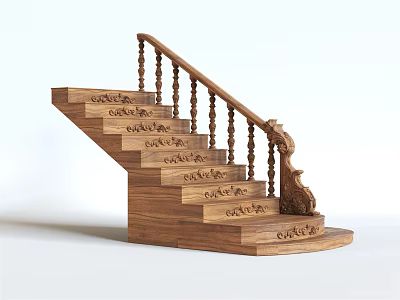 Classic Wooden Staircase With Carved Patterns On Steps And Ornate Handrail 3d model