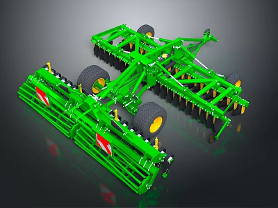 Green Industrial Agricultural Tilling Equipment With Multiple Wheels And Metal Frames 3d model