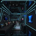 Modern Tech Inspired KTV Interior With Blue Neon Lights And Black Sofas 3d model