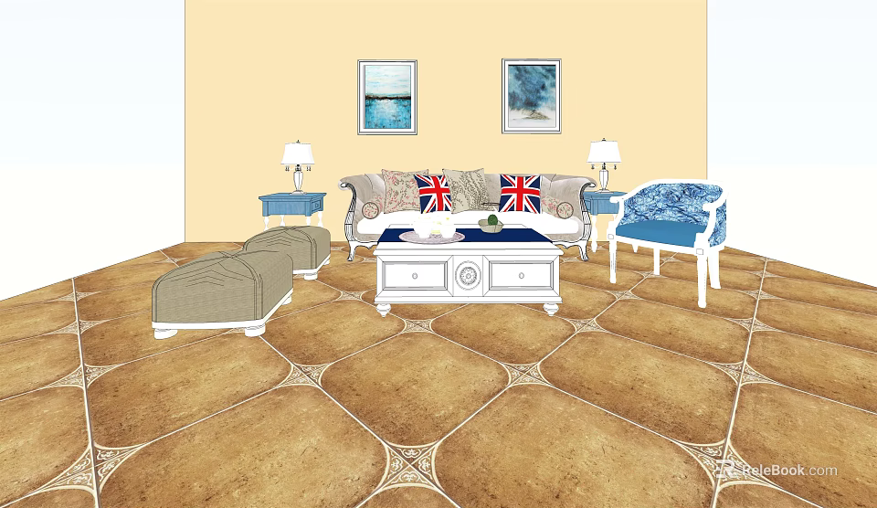 Cozy Sofa And Coffee Table Set With Union Jack Cushions Blue Armchair And Wall Paintings 3d model 