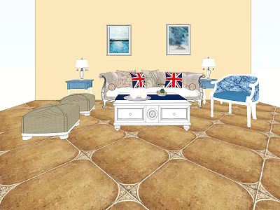 Cozy Sofa And Coffee Table Set With Union Jack Cushions Blue Armchair And Wall Paintings 3d model