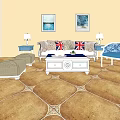 Cozy Sofa And Coffee Table Set With Union Jack Cushions Blue Armchair And Wall Paintings