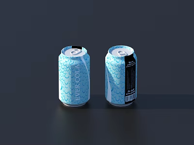 Two Blue Evercola Drink Cans With Water Droplets On Dark Background 3d model