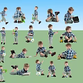 Kids In Plaid Shirts Playing With Toys In Various Poses And Activities
