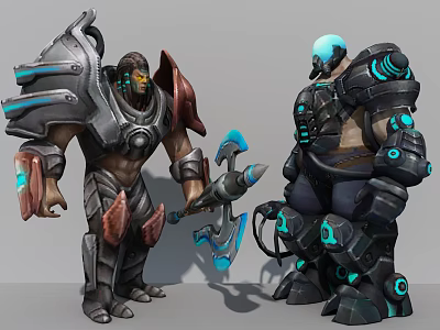 Sci-Fi Armored Game and Movie Characters Featuring Muscular Bodies Glowing Elements and Weapons 3d model