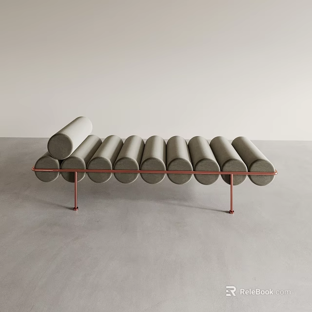 Modern Minimalist Leisure Chair With Gray Cylindrical Cushions And Red Metal Frame 3d model 