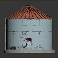 Rural Landscape With Red Roof Light Blue Silo Ladder And Rusted Details On Concrete Base