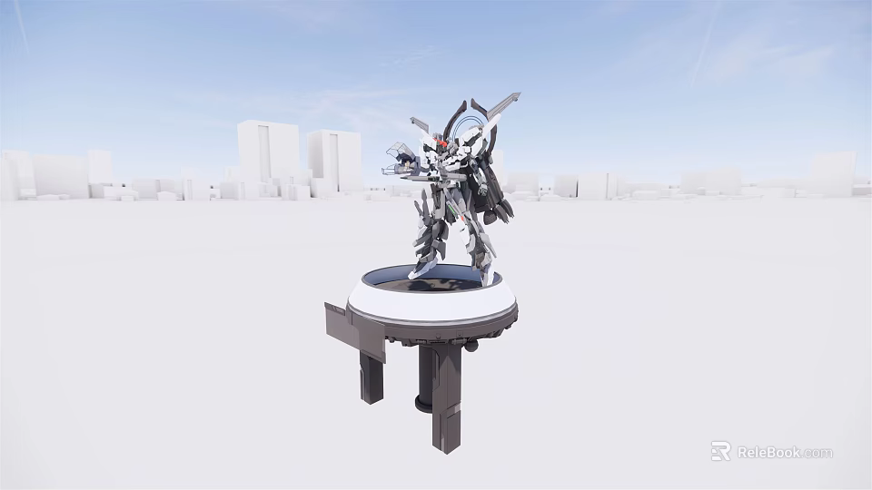 Smart Machine Advanced Mechanical Humanoid Structure On Circular Platform Against Urban City Buildings And Blue Sky 3d model 