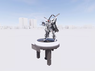 Smart Machine Advanced Mechanical Humanoid Structure On Circular Platform Against Urban City Buildings And Blue Sky 3d model