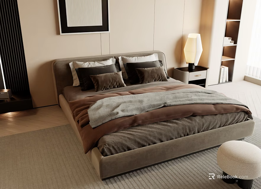 Modern Bedroom Interior Design With Gray Bed Multiple Pillows And Table Lamp 3d model 