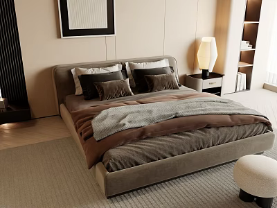 Modern Bedroom Interior Design With Gray Bed Multiple Pillows And Table Lamp 3d model