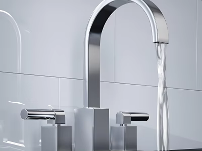 Sleek Modern Bathroom Faucet With Flowing Water And White Wall Background 3d model