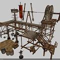 Ancient Medieval Wooden Scaffolding Featuring Water Wheel Platform Ladders Barrels And Red Flags